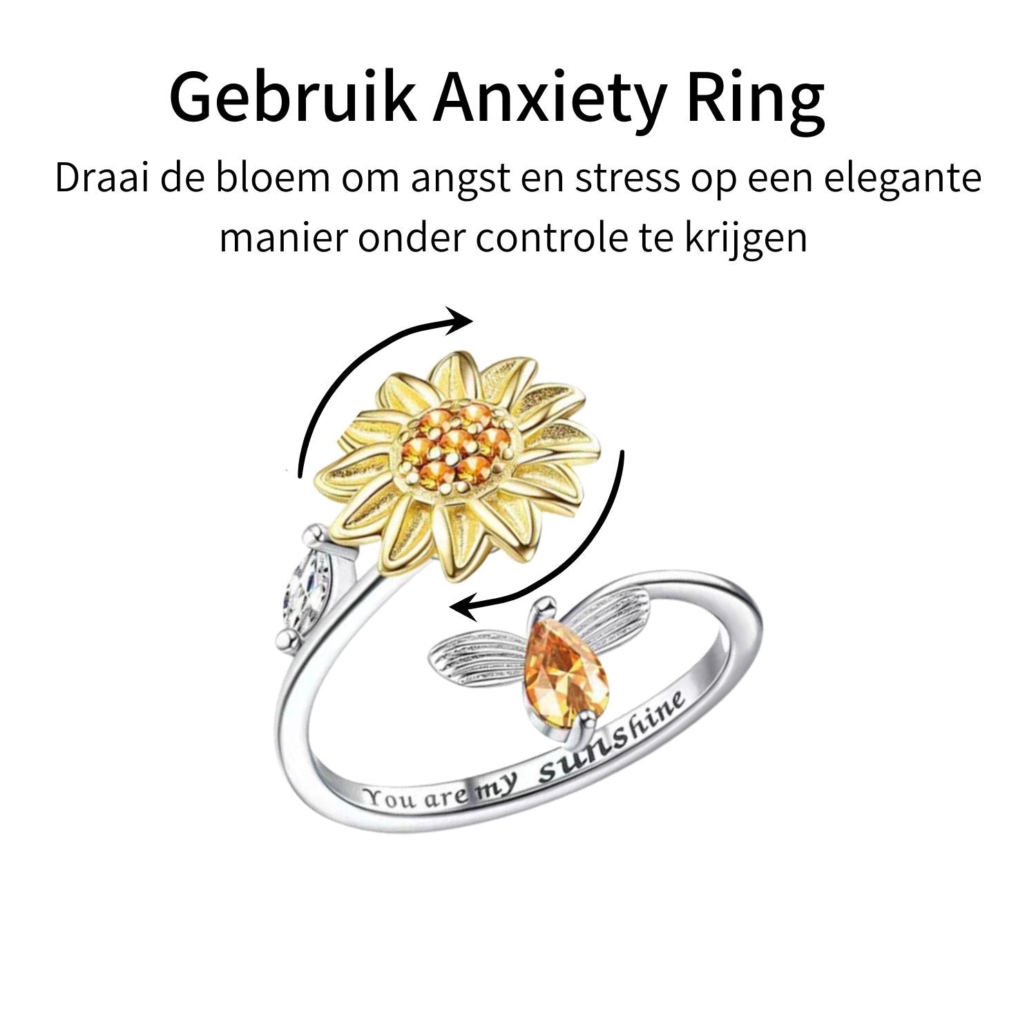 Anxiety Ring (Draairing Zonnebloem en Bij) Zilver plated koper uitleg